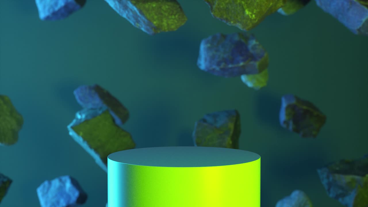 rocas en fondo azul verde neón. piezas de fondo de rocas voladoras. exhibición en el podio para la presentación de productos cosméticos, pedestal o plataforma. plantilla de maqueta para el diseño de anuncios. bucle de animación 3d en 4k