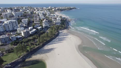 suburb and seascape in kings beach, caloundra, queensland, australia - aerial drone shot