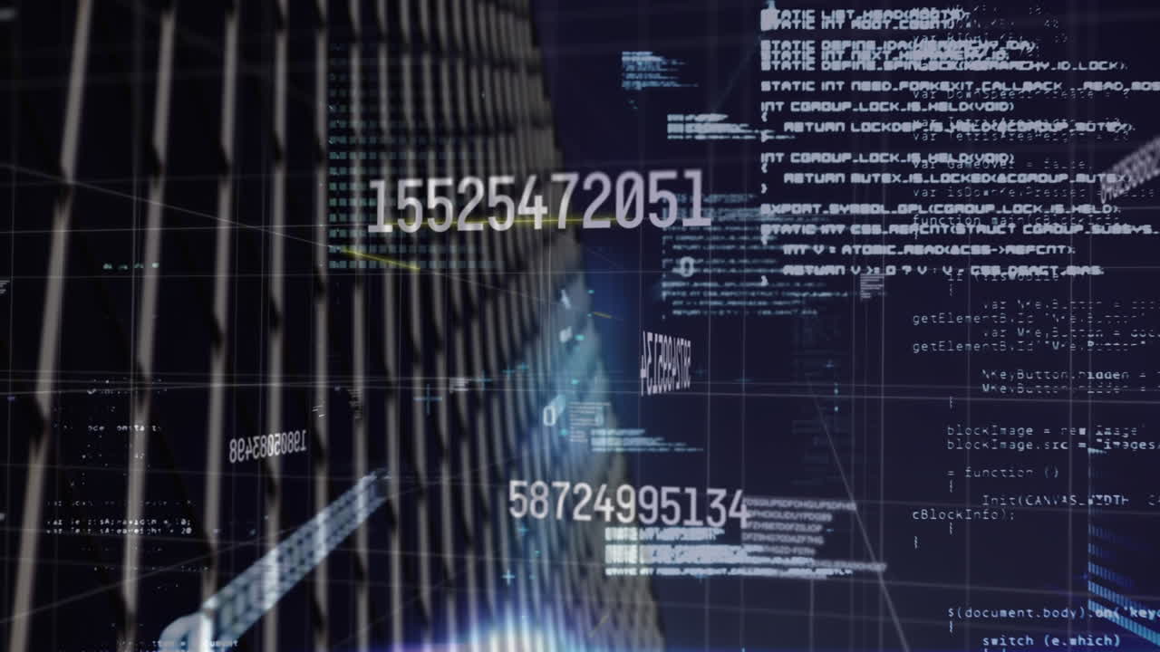 Animation of changing numbers and data processing against tall building