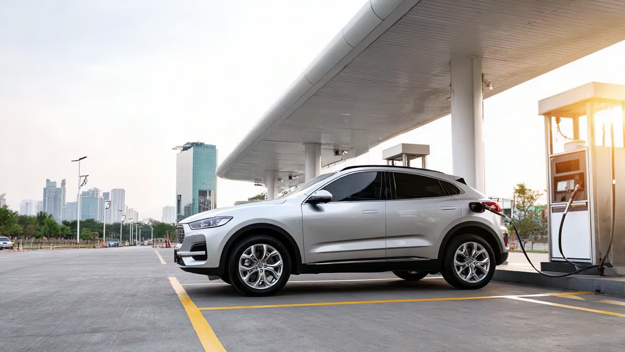 近代的な燃料ステーションに駐車されたシルバーのSUV。その洗練されたデザインと、そびえ立つ建物と明るい空を背景にした都会的な風景が、視覚的な焦点として見事に表現されています。
