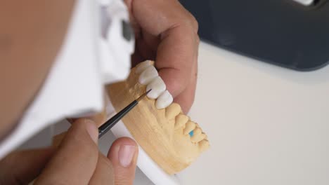 close up of hand detailing a dental mold with a fine brush, focusing on teeth surface
