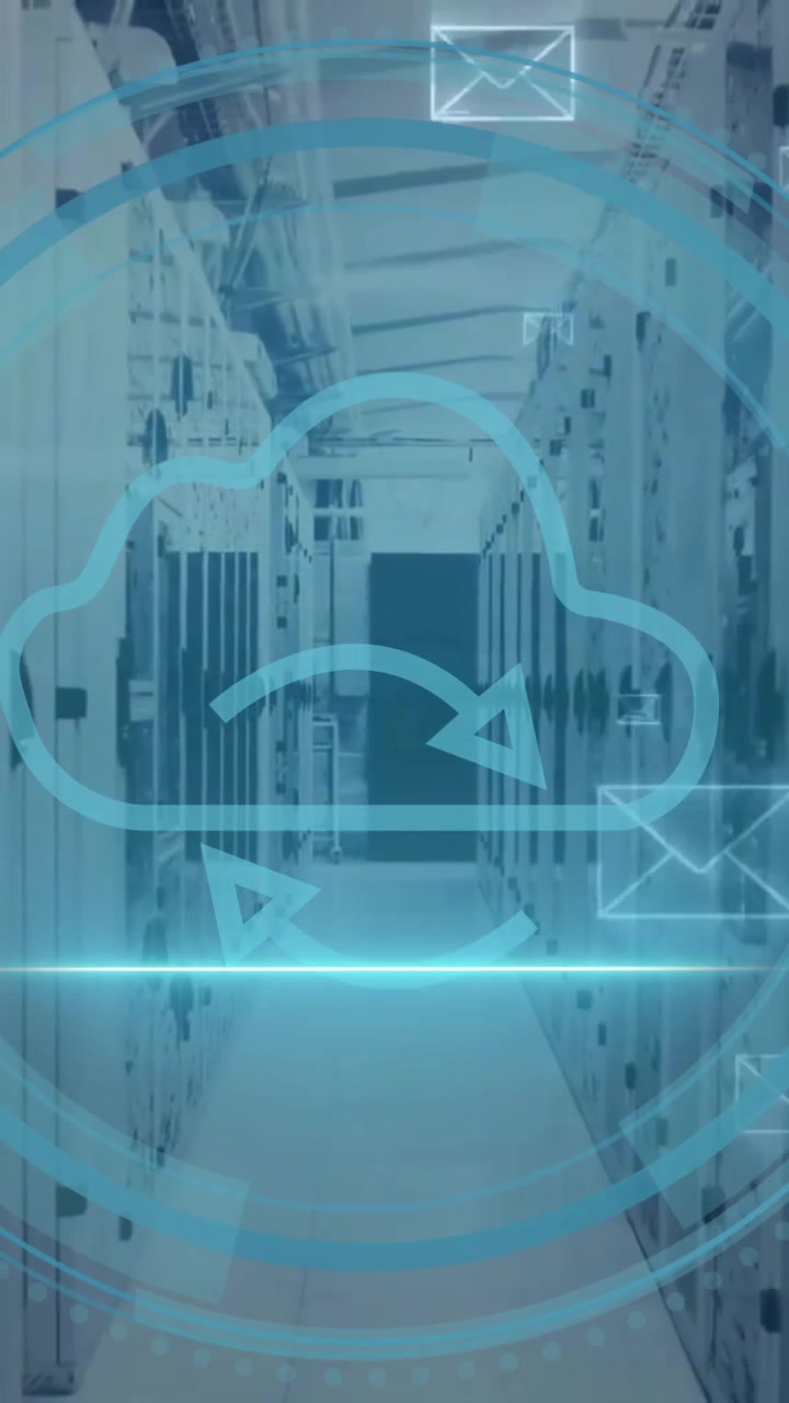 Animation of cloud icon and digital data processing over computer servers