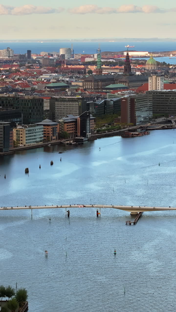 Aerial drone view of the Quay Bridge across the port of Copenhagen, Denmark in the evening. Vertical