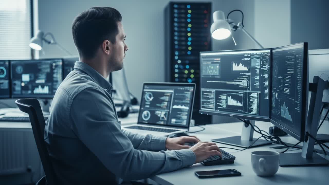 Focused Professional Analyzes Data on Multiple Screens in a Modern Office Environment, Harnessing Technology for Insightful Decision-Making and Strategic Planning