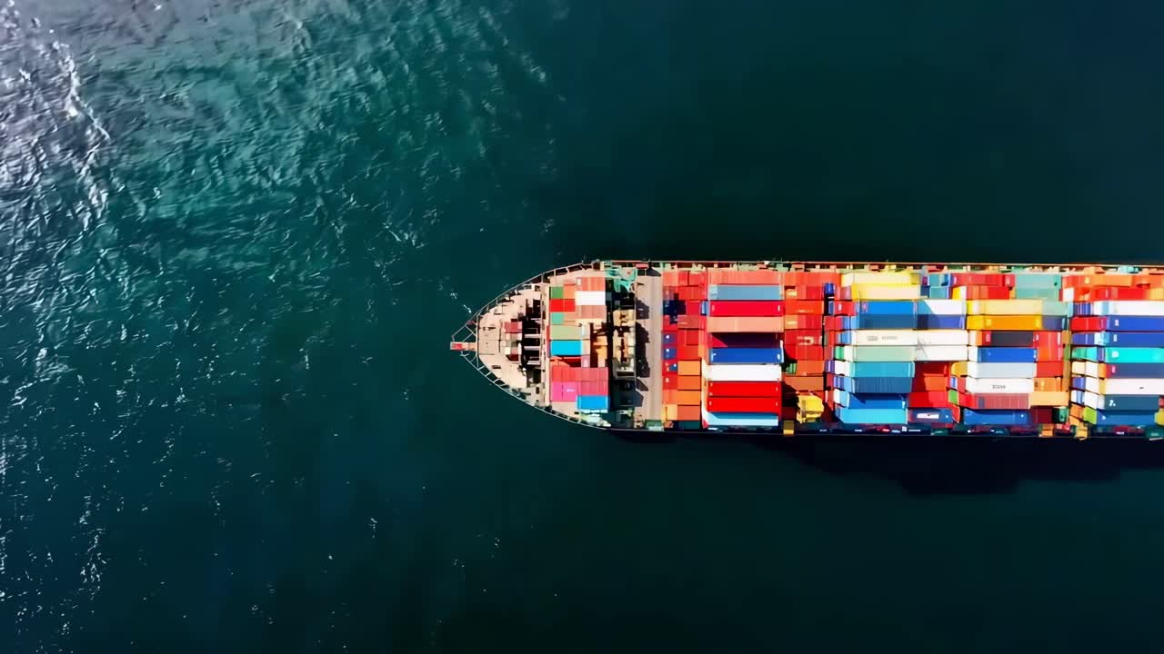 Aerial view of a colorful cargo ship at sea, showcasing vibrant containers