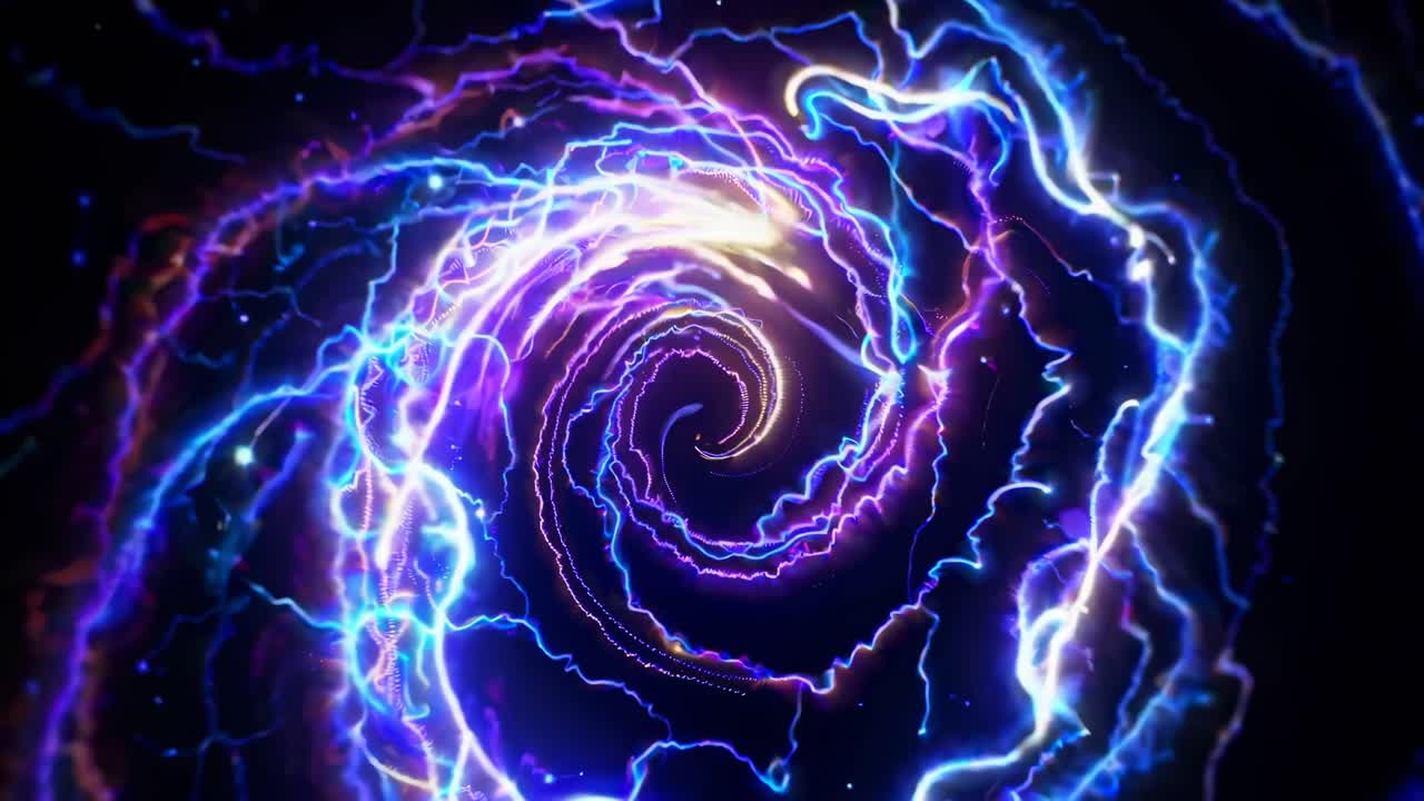 A mesmerizing video concept of a swirling vortex of neon lights and electric currents