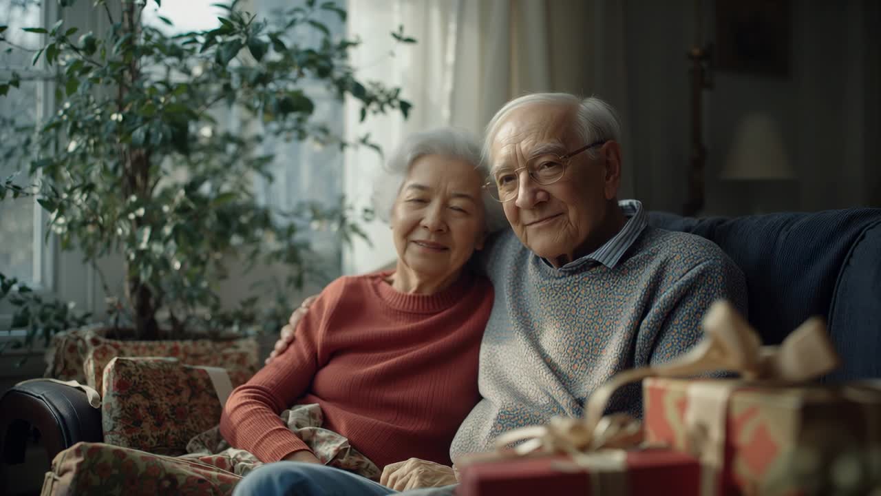 Smiling couple leaning and turning gaze on sofa by window, reaching wrapped gift boxes for party