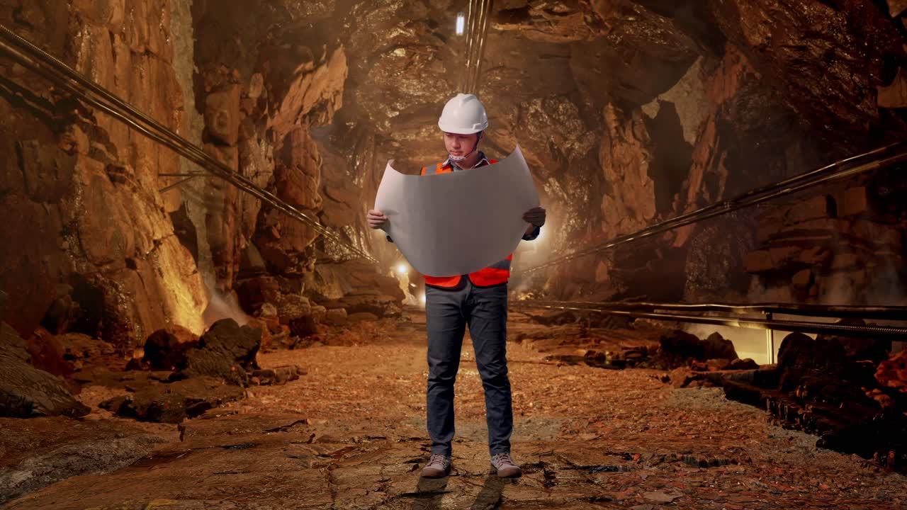Full Body Of Asian Male Engineer With Safety Helmet Looking At Blueprint In His Hands And Looking Around While Standing In Underground Mine Tunnel