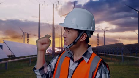 close up side view of angry asian male engineer with safety helmet shouting at someone while standing with solar panel and wind turbines