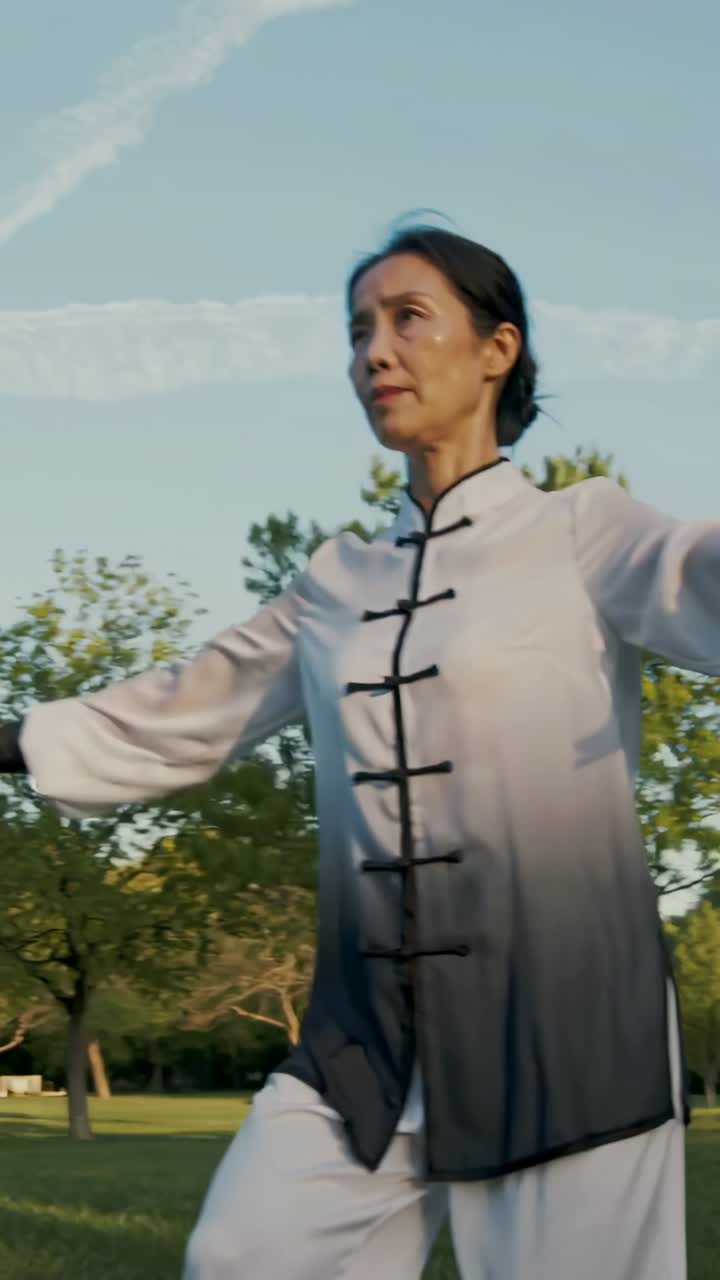 Vídeo vertical: Mujer mayor en movimiento con túnica de entrenamiento haciendo taichí en un parque al inicio del clip para transmitir tranquilidad
