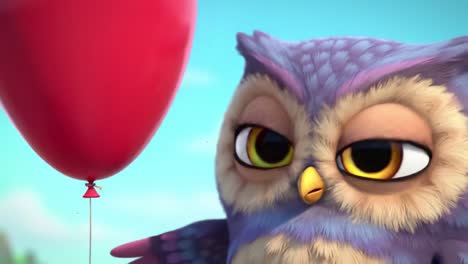a cute owl curiously interacts with a bright red balloon delightfully floating in a cheerful sky, capturing a playful and engaging moment of innocence