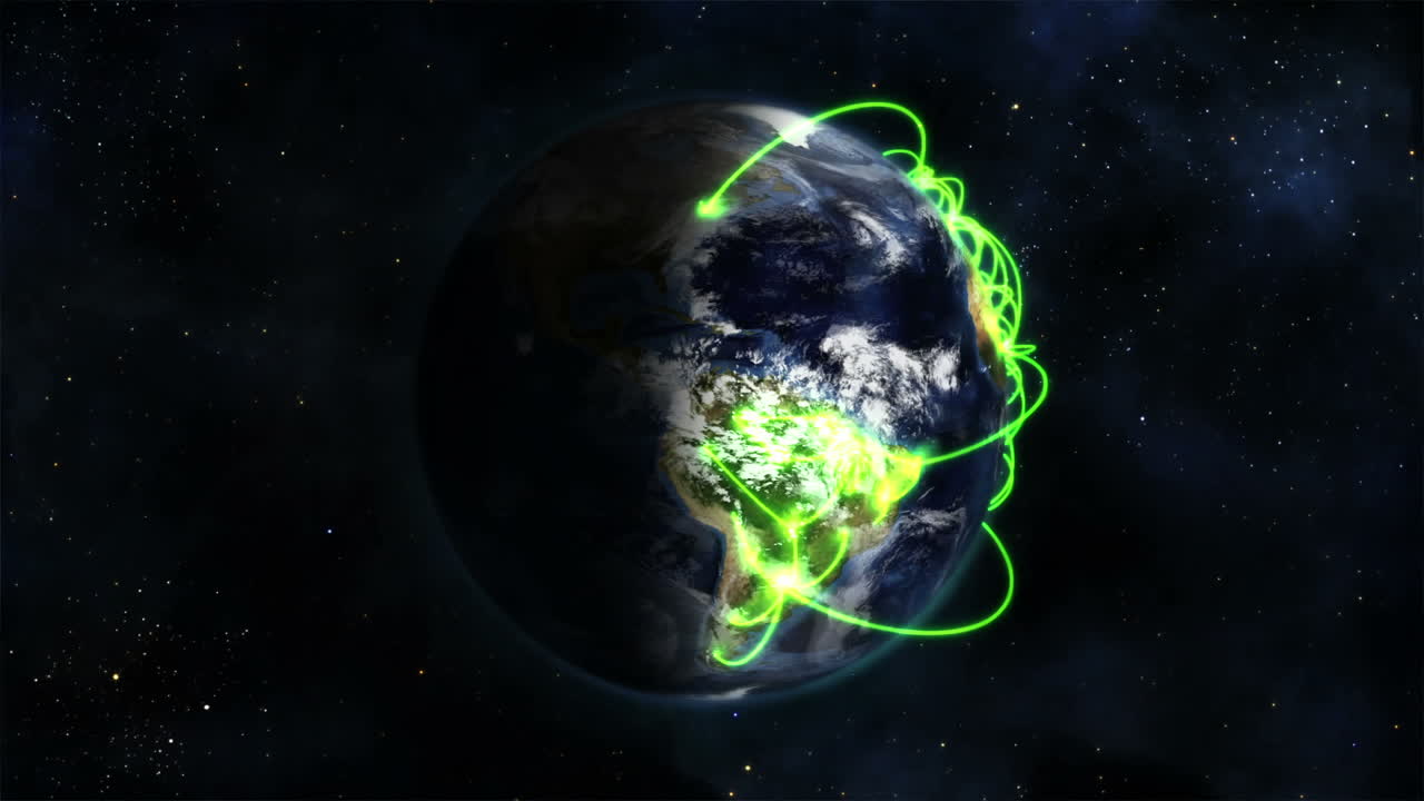 La Terra ruota nello spazio con collegamenti verdi, immagine per gentile concessione di Nasa.org