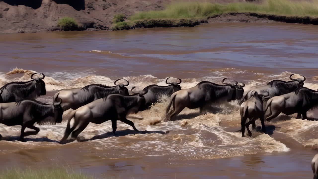 Wildebeest Crossing a River