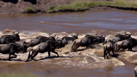 wildebeest crossing a river