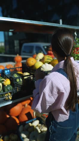 woman shopping for pumpkins and gourds at a fall market