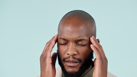 headache, black man and face in studio with pain