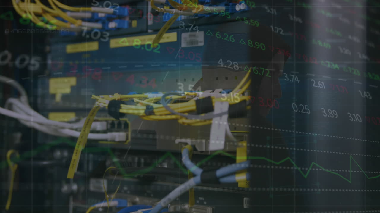 Animation of stock market data processing against close up of computer server