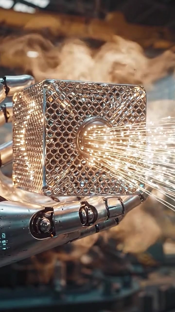Mano robotica futuristica che tiene un cubo trasparente con motivi luminosi, mostrando tecnologia avanzata in un ambiente industriale con illuminazione drammatica