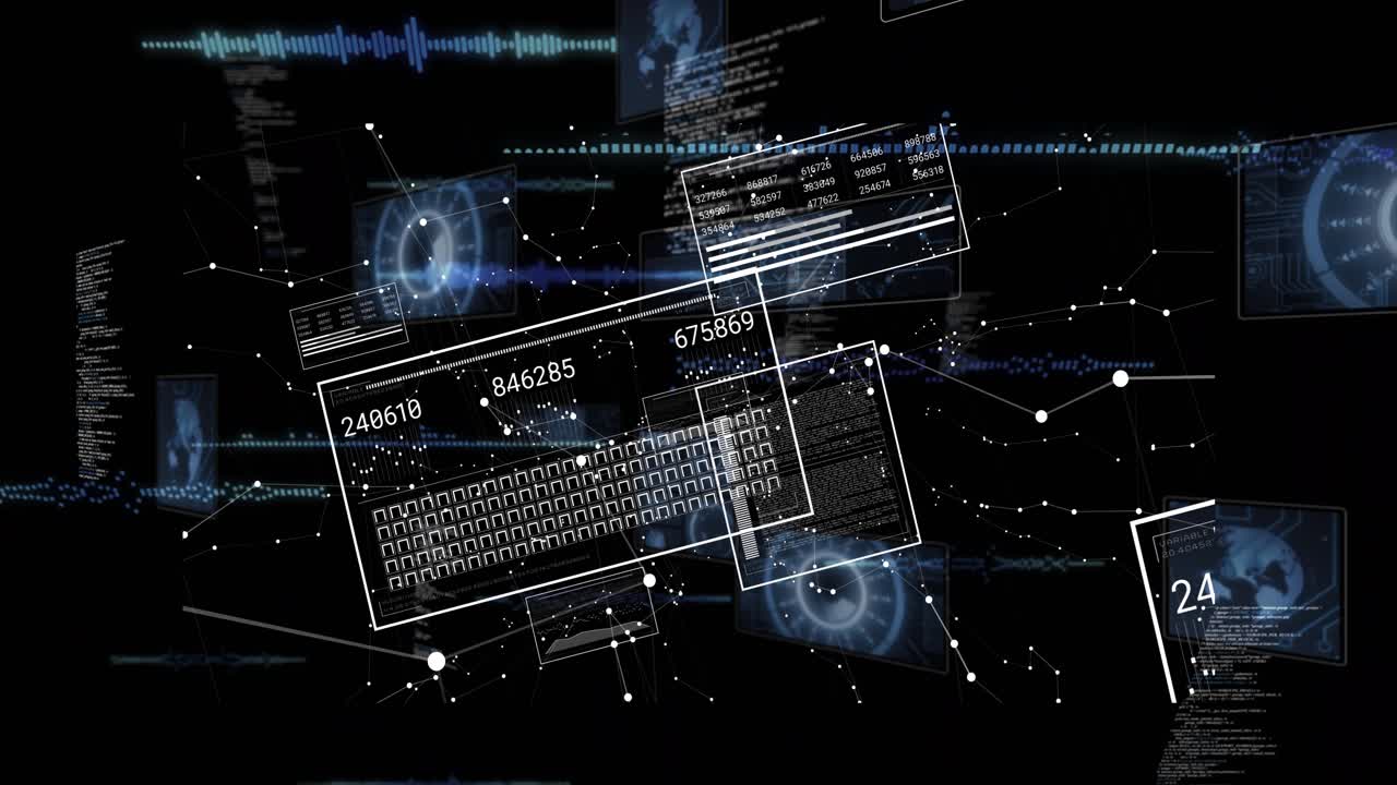 Shifting network nodes forming, causing UI panels fading in and updating data values for analysis