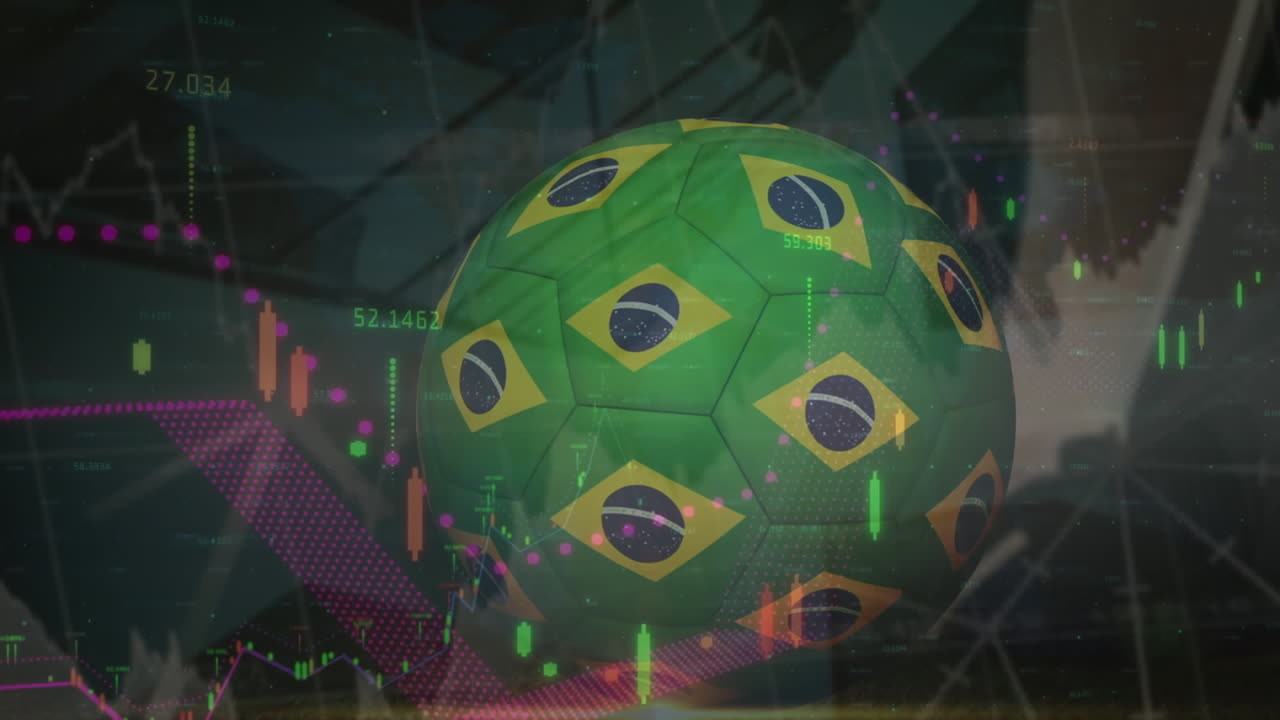 animación de procesamiento de datos y fútbol con bandera de brasil sobre el jugador de fútbol pateando