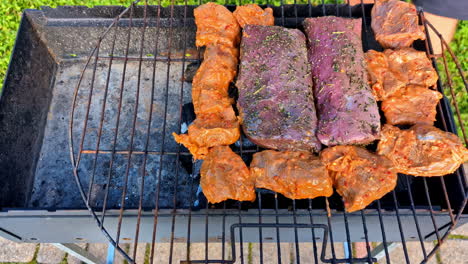 grilling marinated beef and pork on the outdoor bbq