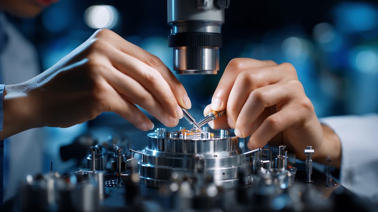 Expert hands work with precision under a microscope. Fingers adjust tiny components, showing care and focus. Bright blue light highlights the intricate task. Perfect for science, engineering