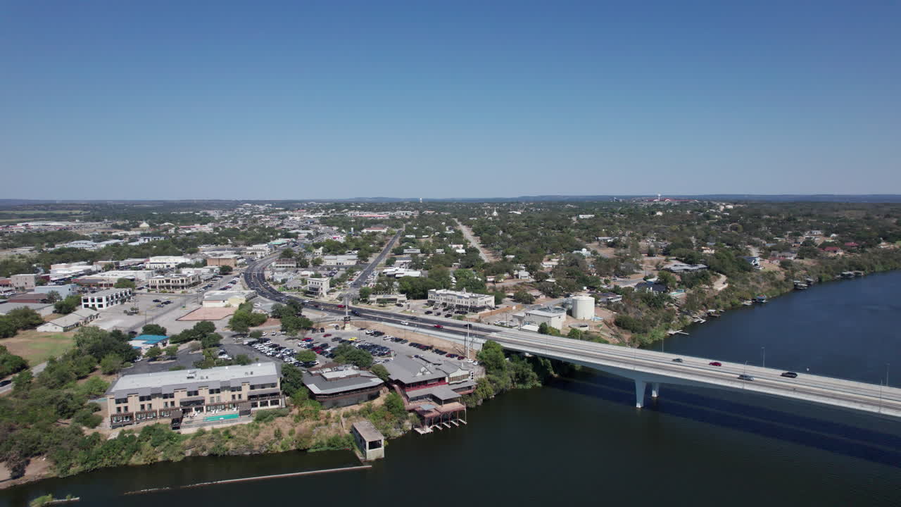 Highway 281 bridge leading in to Marble Falls, Texas in the Hill Country, aerial view