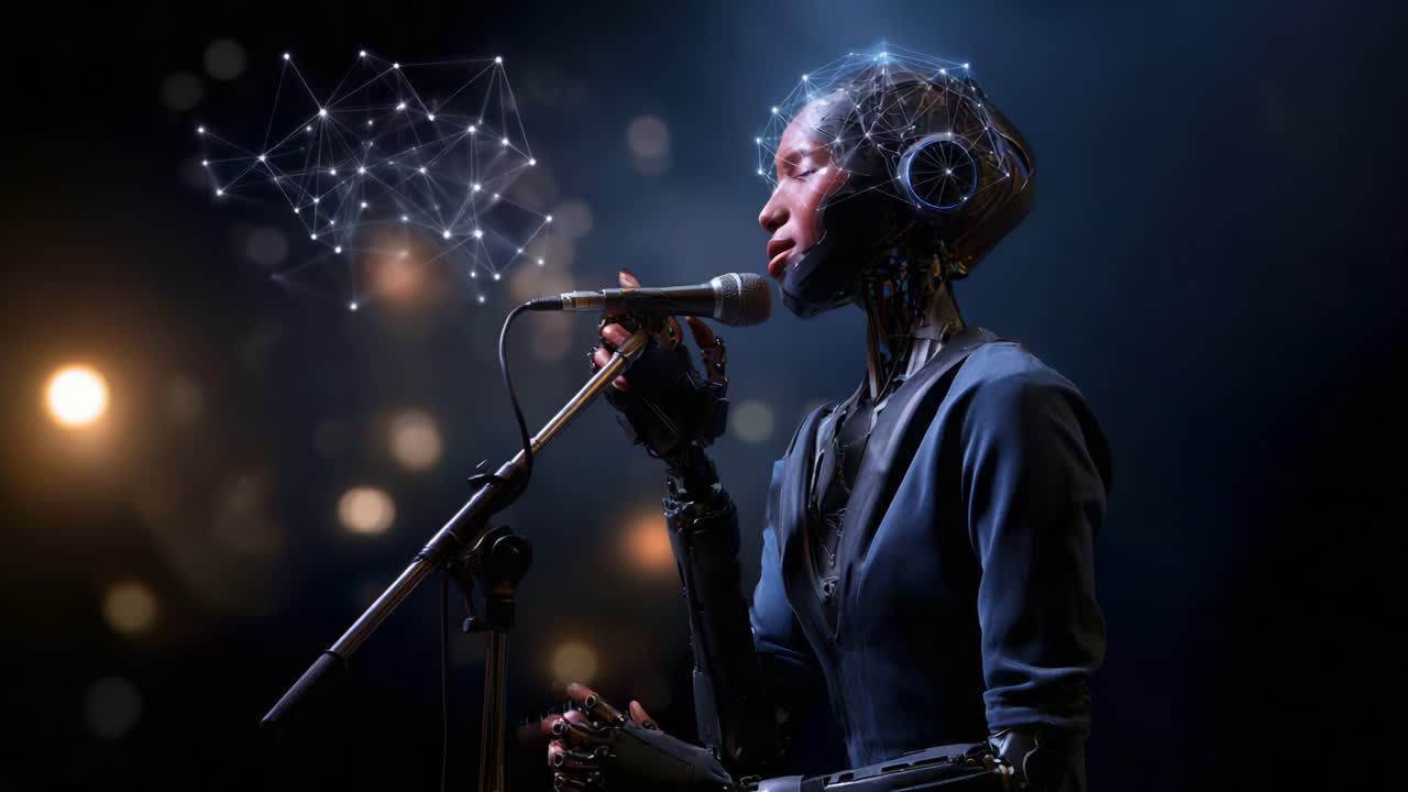 En robotagtig sangerinde fanger et publikum med en futuristisk optræden, der viser avanceret teknologi og AI i en fantastisk visuel fremvisning af musik og forbindelse
