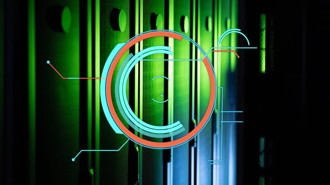 animación del escáner redondo contra la sala del servidor de la computadora.