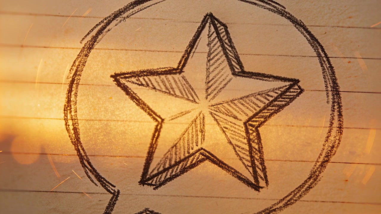 Leuchtender Bleistiftstern in einer Blase auf liniertem Papier, der auf warmes Licht von links reagiert, sich verdichtet, mit Lens Flare.