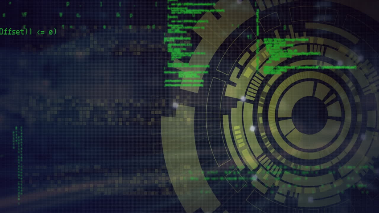 animación de escáner amarillo circular y procesamiento de datos verde sobre fondo negro