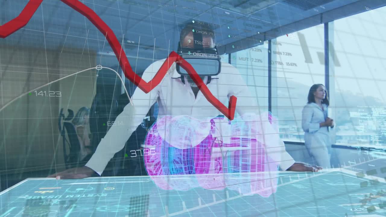 interfaz digital con procesamiento de datos sobre un hombre de negocios afroamericano que usa auriculares vr en la oficina