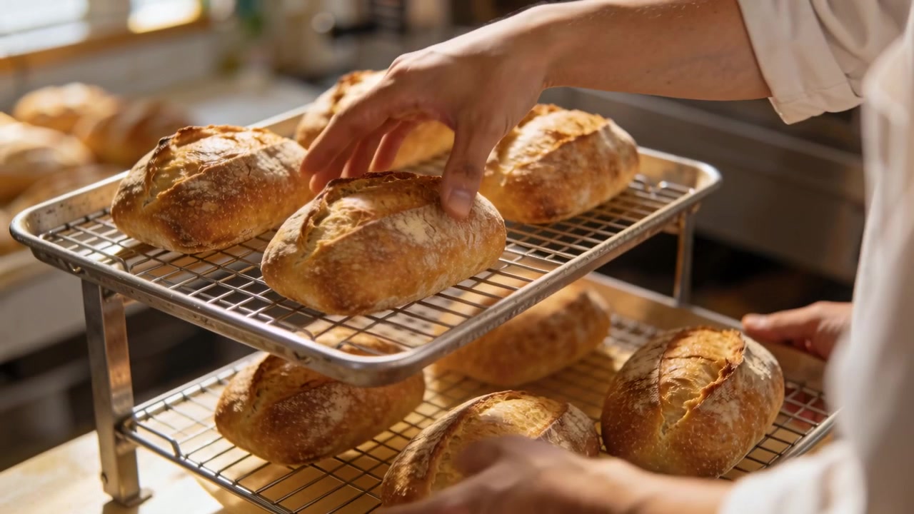 After baking, reaching white jacket-clad hands aligning crusty loaves on two-tier rack at bakery