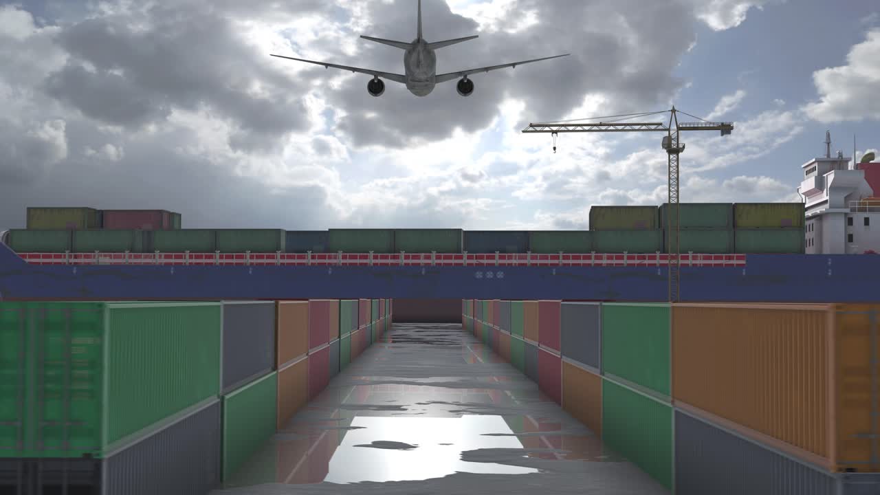 Cargo Ship at Port with Airplane in Cloudy Sky