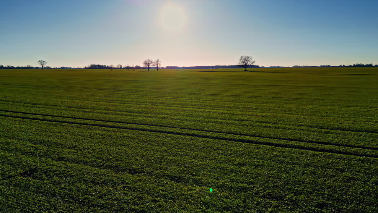 Flug über landwirtschaftliche Anbauflächen bei Sonnenaufgang.