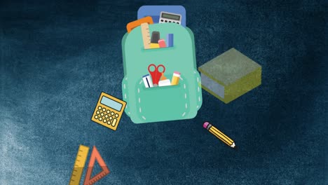 Animación-De-Iconos-Del-Concepto-Escolar-Que-Caen-De-La-Mochila-Escolar-Y-Espacio-De-Copia-Sobre-Fondo-Azul-Texturizado