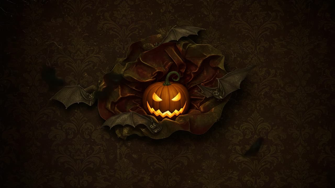A Spooky Halloween Scene Featuring a Glowing Jack-O'-Lantern Surrounded by Bats Amidst Dark Floral Decor - Perfect for Celebrating the Halloween Spirit