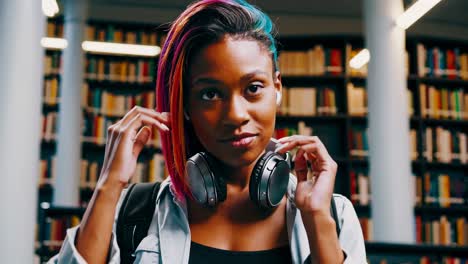 young woman in library with headphones