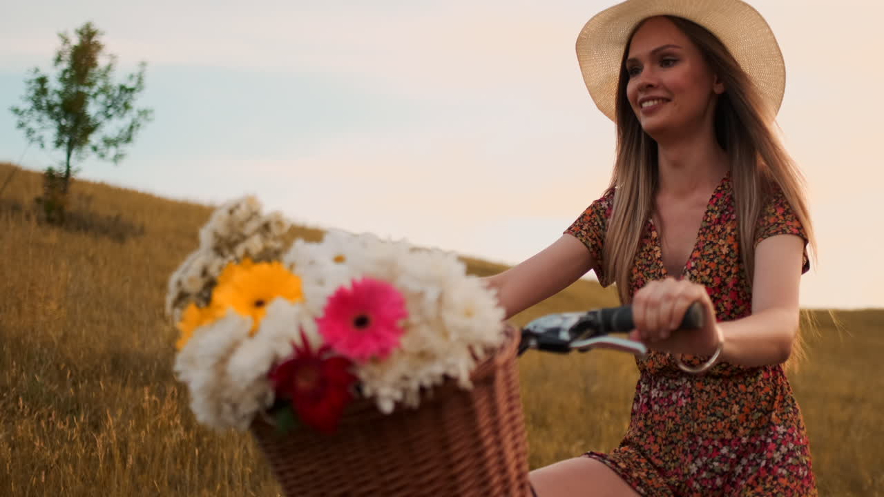 una chica con un vestido montando una bicicleta con flores en una canasta y riendo disfrutando de la libertad y el aire de verano. cámara lenta.