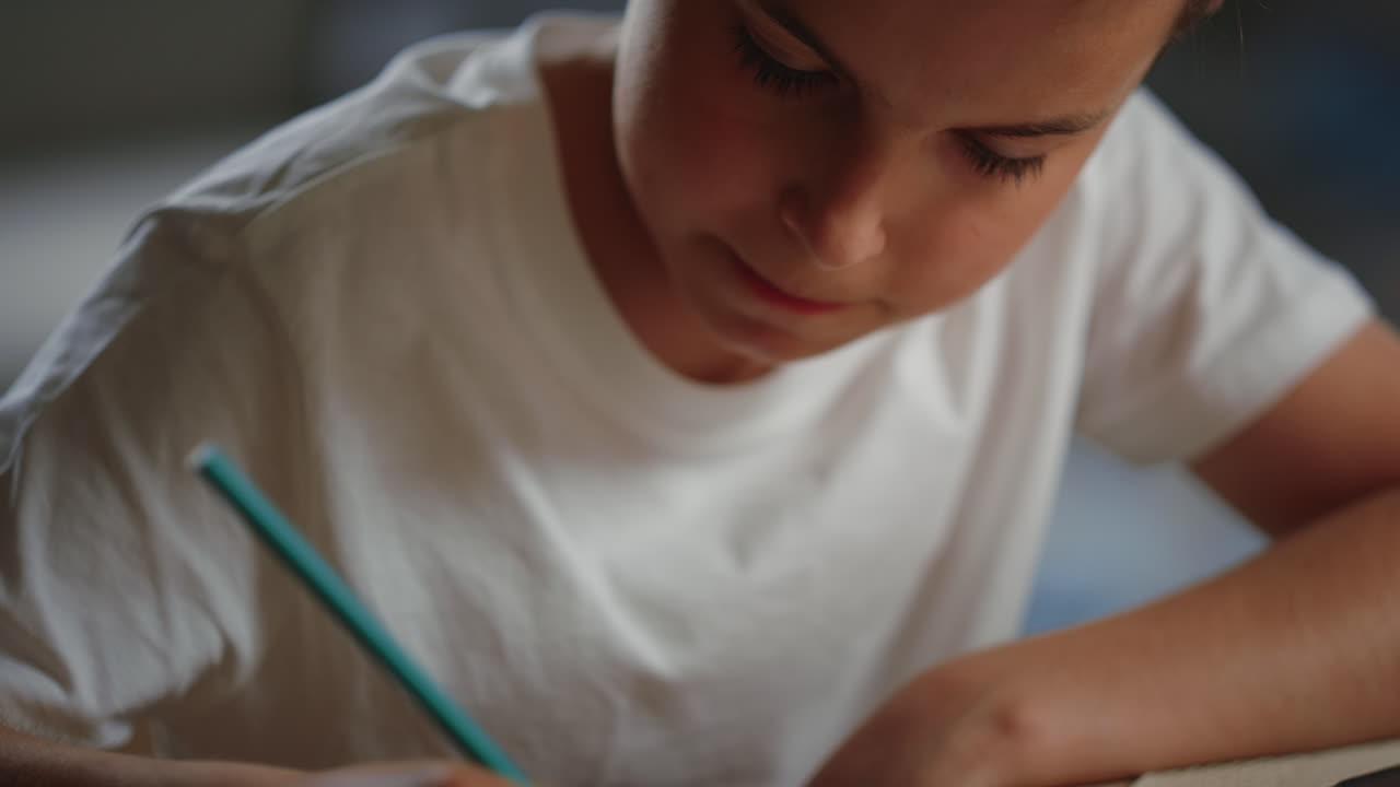 Schoolboy solving problems in notebook