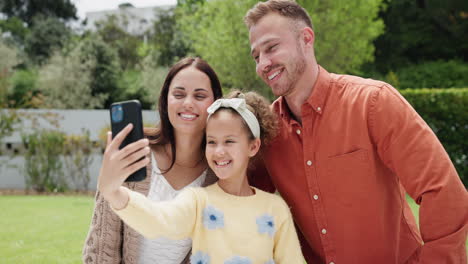 parents, girl child and selfie in garden