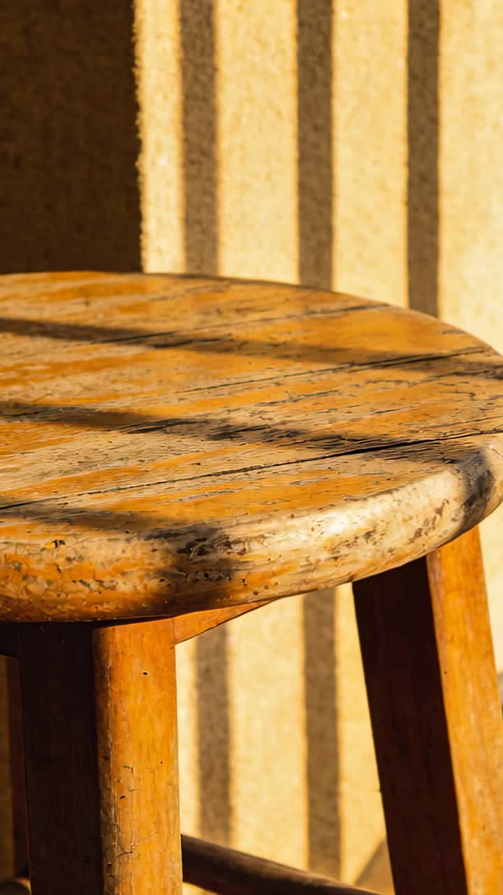 Luce solare mutevole, sgabello di legno che riceve le ombre della ringhiera, rivelando la venatura usurata per il design.