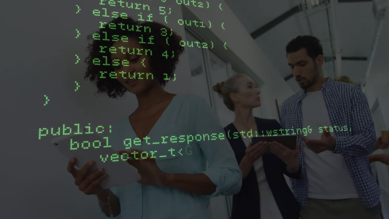 Green code overlay starting tech team walking reading tablet using phone tapping screen fading