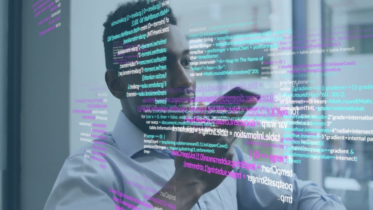 Animation of data processing over african american businessman talking on smartphone