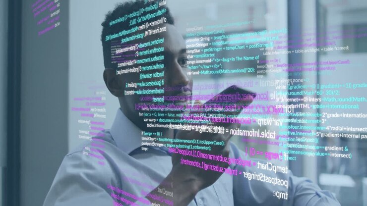 Animation af databehandling over afroamerikansk forretningsmand der taler i smartphone
