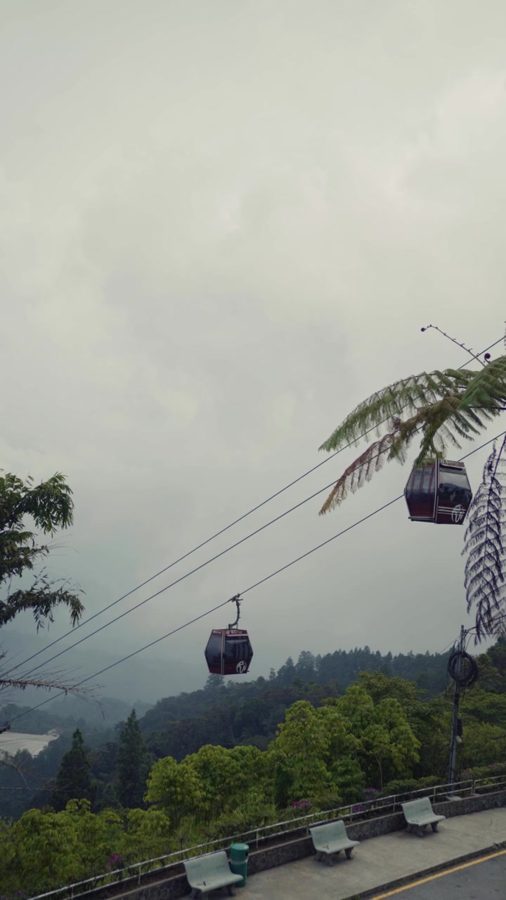 Ripresa verticale di funivie che attraversano montagne tropicali nebbiose in Malesia