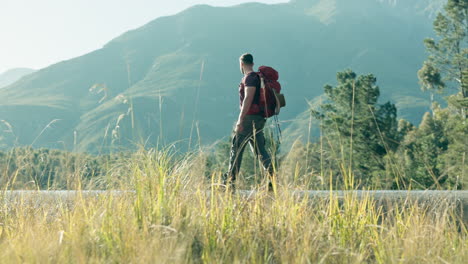 walking, view or man hiking in nature to explore