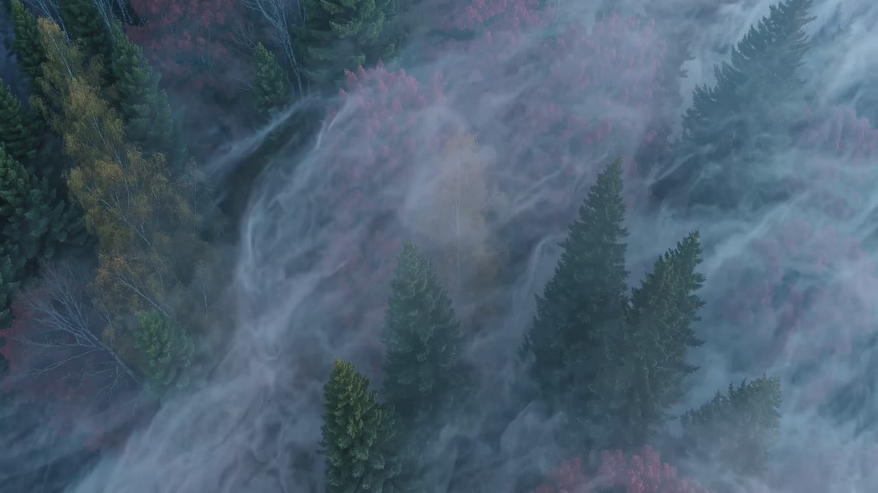 Aerial video captures a mystical forest shrouded in fog, highlighting the vibrant autumn foliage