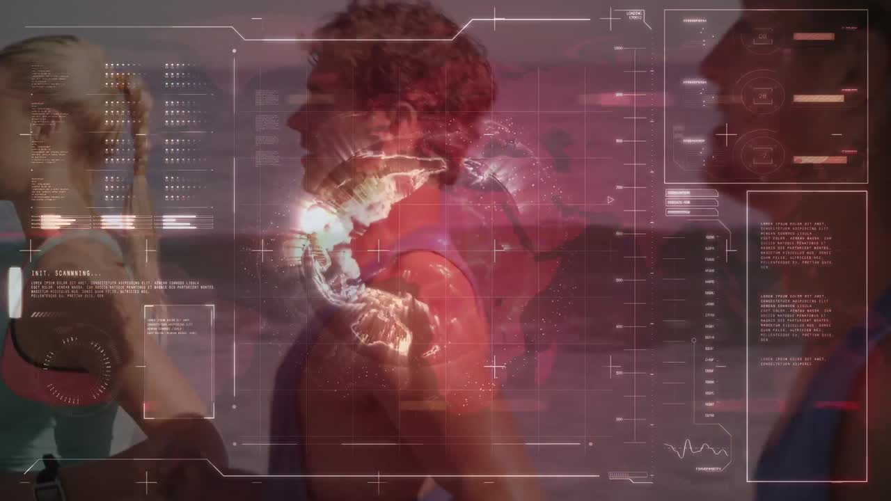 animación de pantalla digital con procesamiento de datos sobre mujeres y hombres caucásicos corriendo