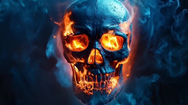 Un teschio con fiamme che escono dalla sua bocca